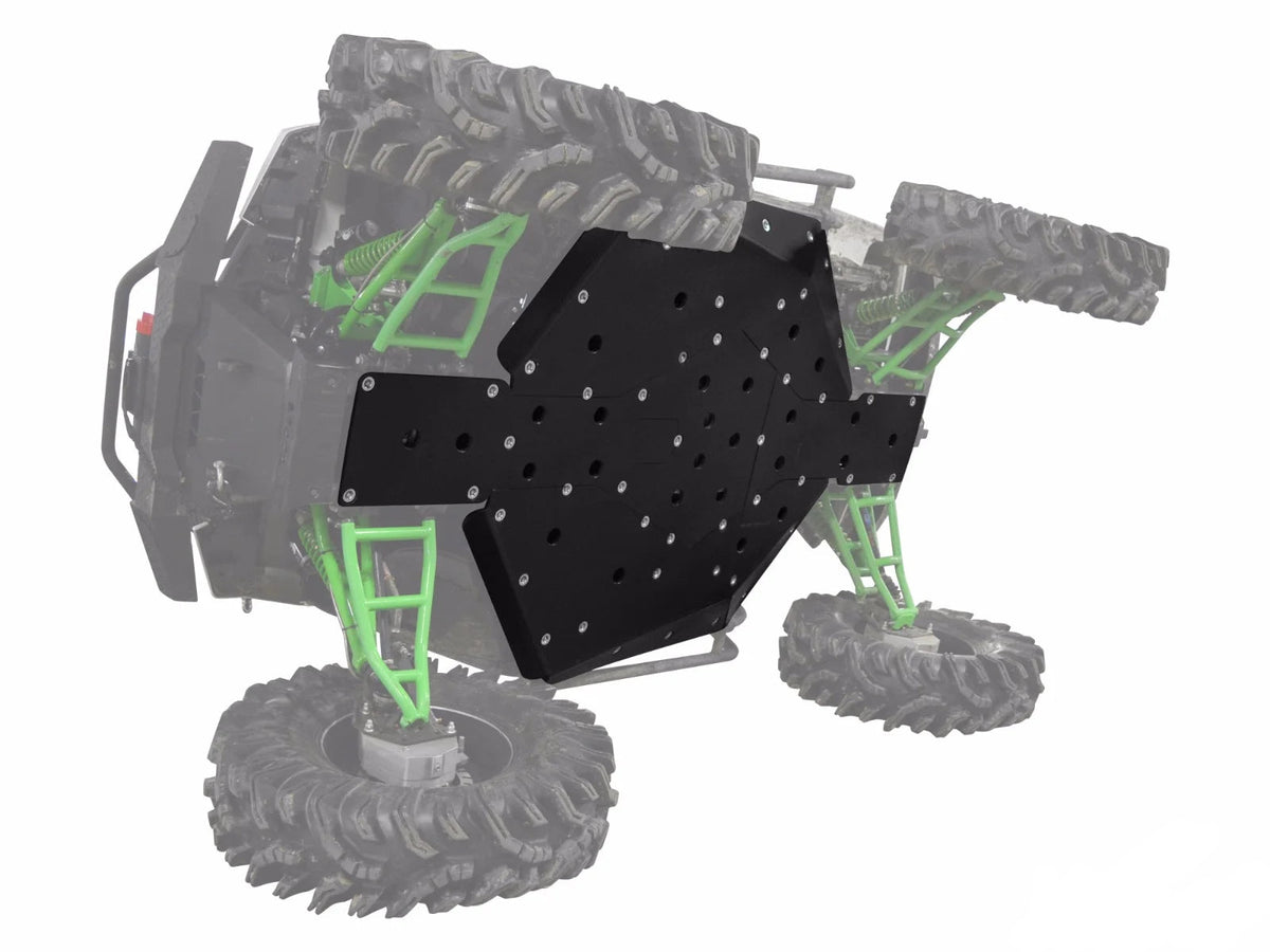 A black Kawasaki Teryx full skid plate installed on a vehicle, designed to protect the undercarriage from abrasions and damage.