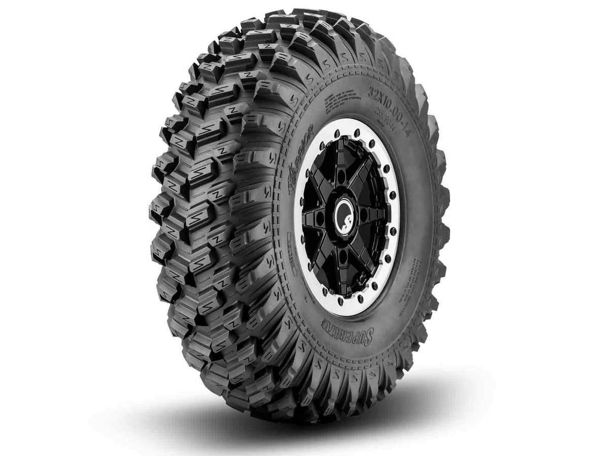 Off-road tire with a black rim on a white background, featuring the SuperATV logo.