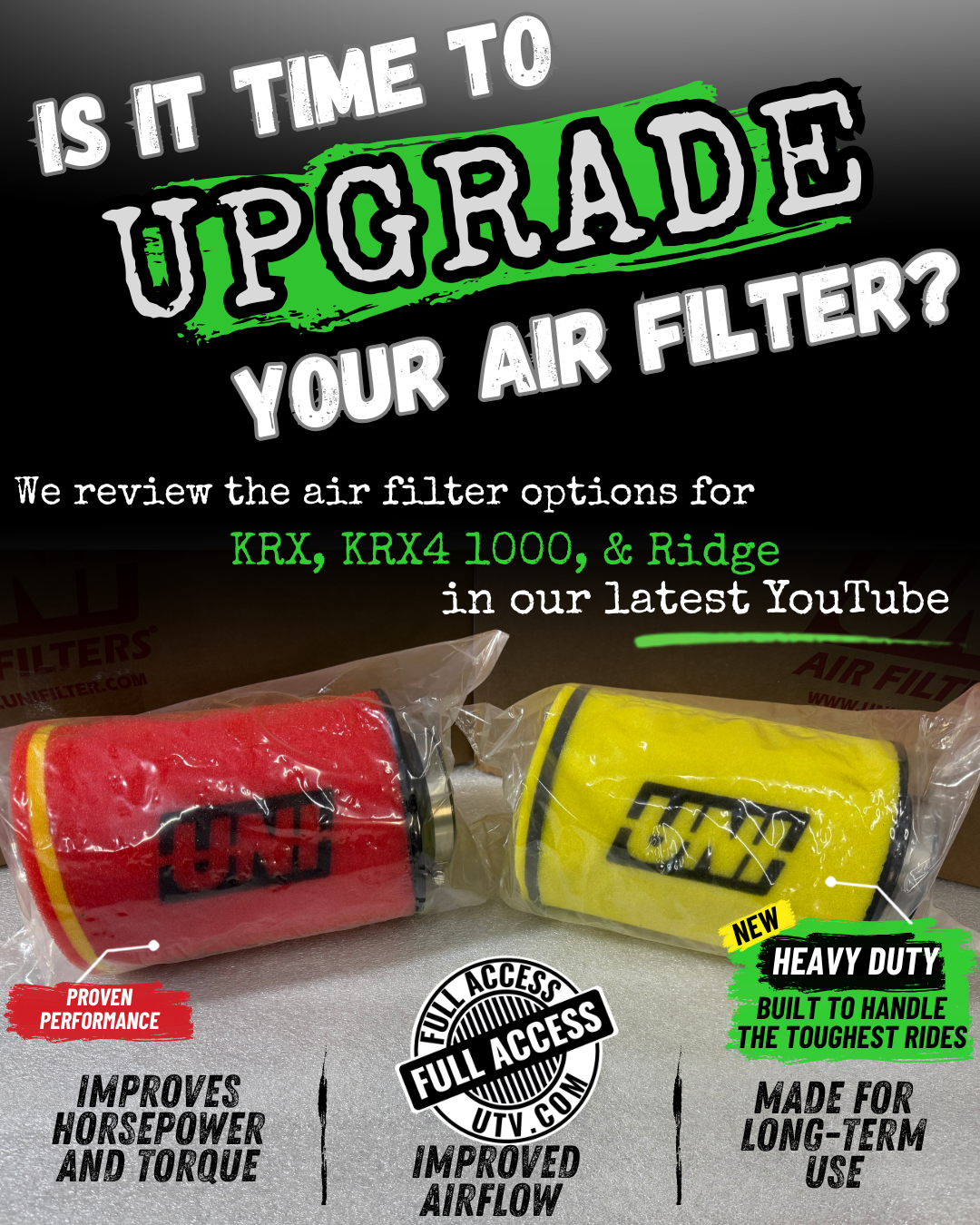 Kawasaki KRX and Ridge New Heavy Duty UNI Cleanable Reusable Air Filter